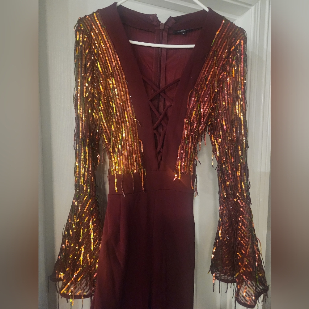 Burgundy wide leg jumpsuit with hologram fringe. Never worn